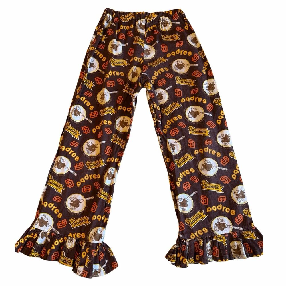VTG Handmade Girls Padres Baseball Brown Printed Ruffle Bell Bottom Pants 4T